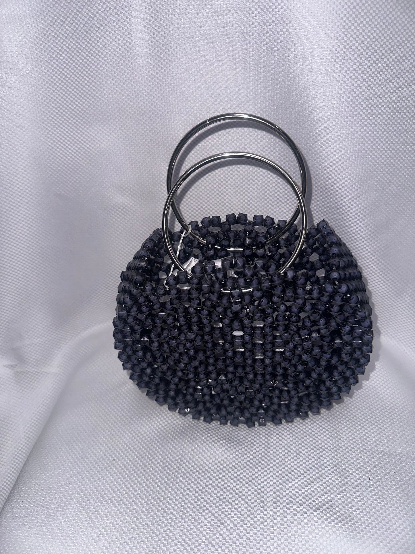 Black Beaded Ring Handle Bag