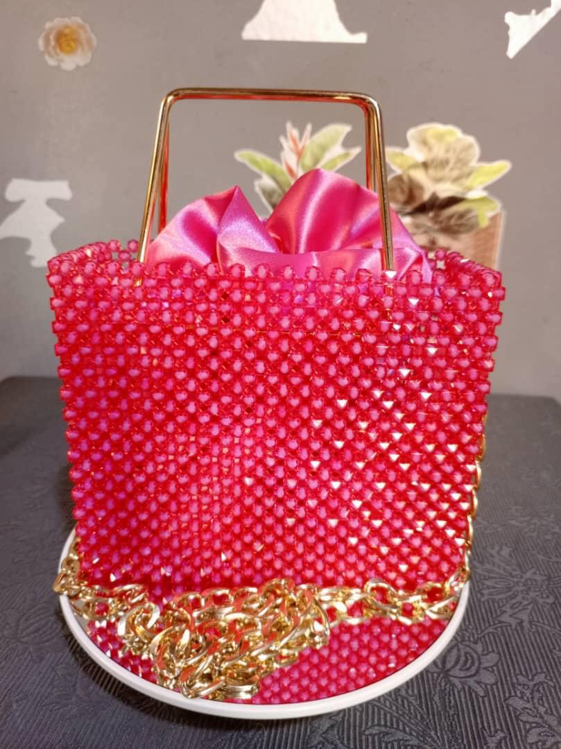Pink Beaded Top Handle Bag