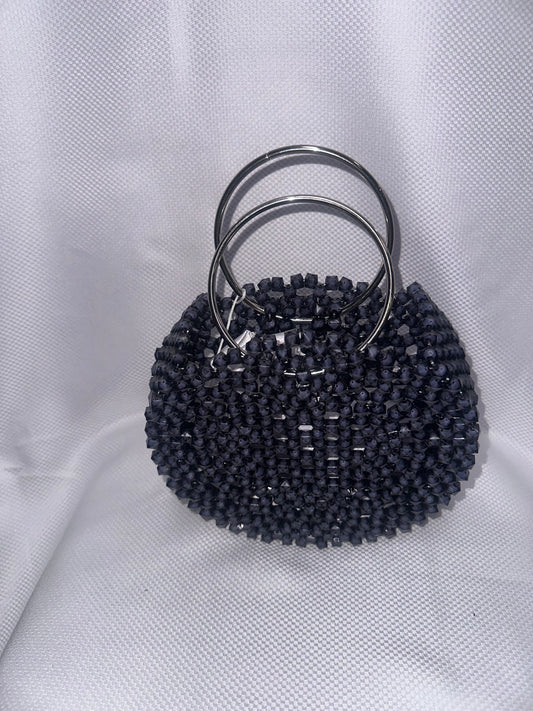 Black Beaded Ring Handle Bag