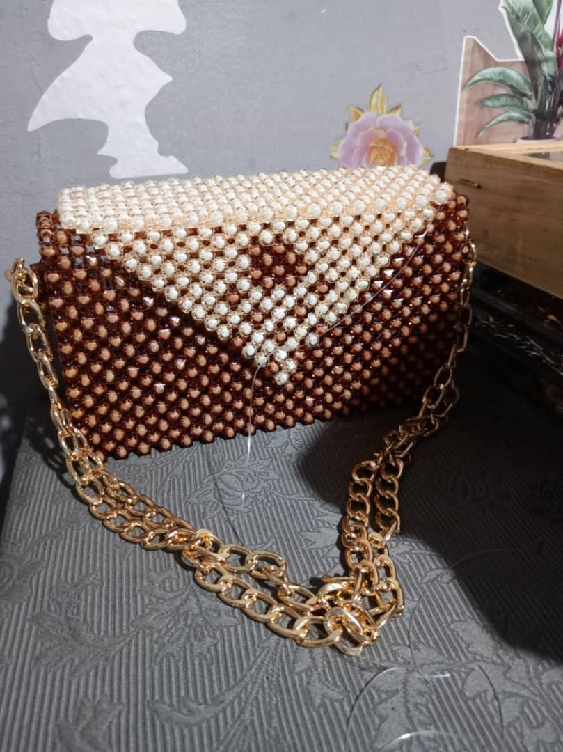 Brown Beaded Chain Shoulder Bag