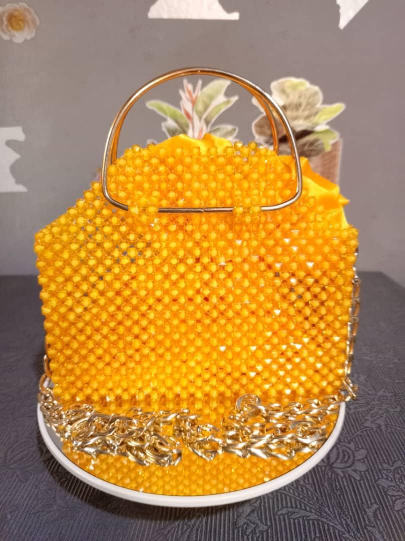 Yellow Beaded Handle Bag